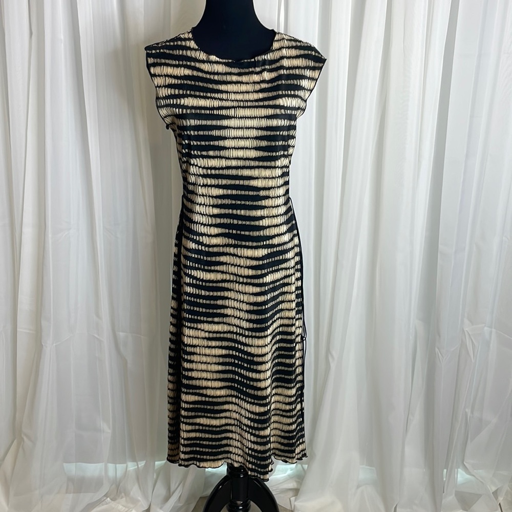 Beige and Black Striped High Low Connected Apparel Dress, size 10